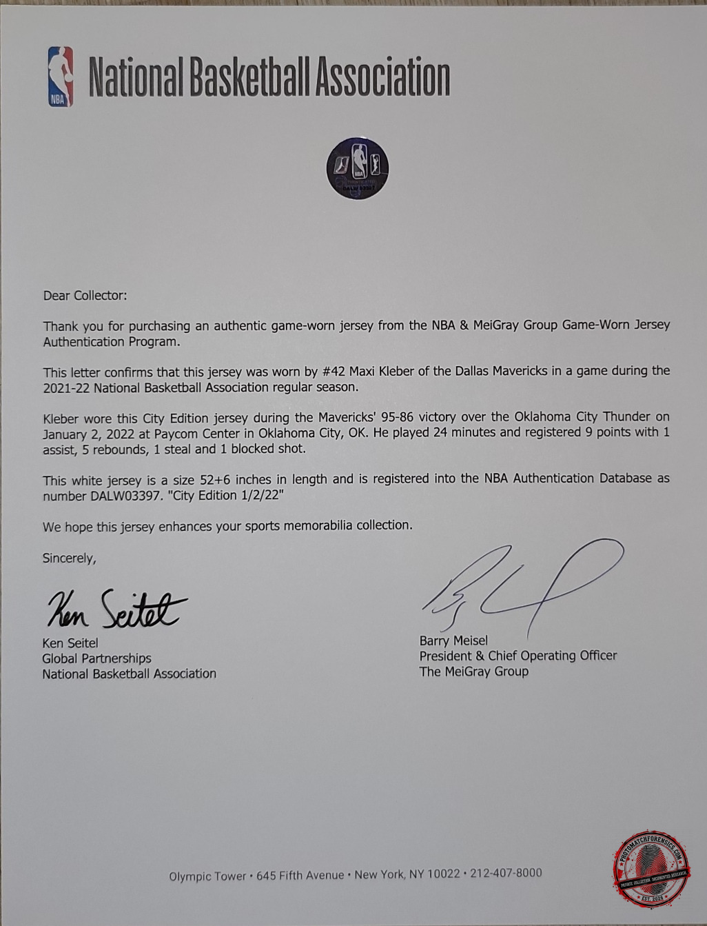 NBA & MeiGray Game-Worn Jersey Authentication – Maxi Kleber